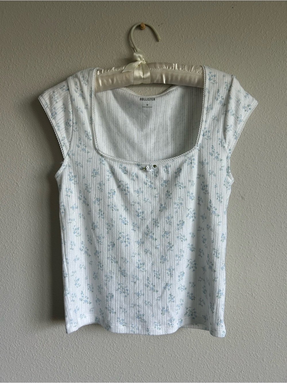 Hollister White Cap Sleeve Square Neck Top with Pale Blue Floral Print